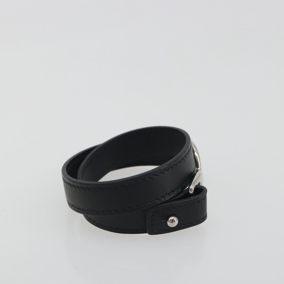 HERMES Papan Bracelet Leather Black Silver Auth 195944M