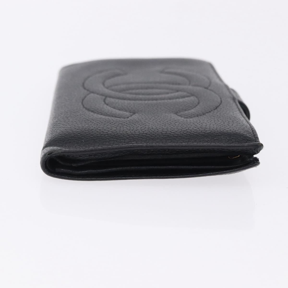 CHANEL Long Wallet Caviar Skin Black Gold CC Auth 195978