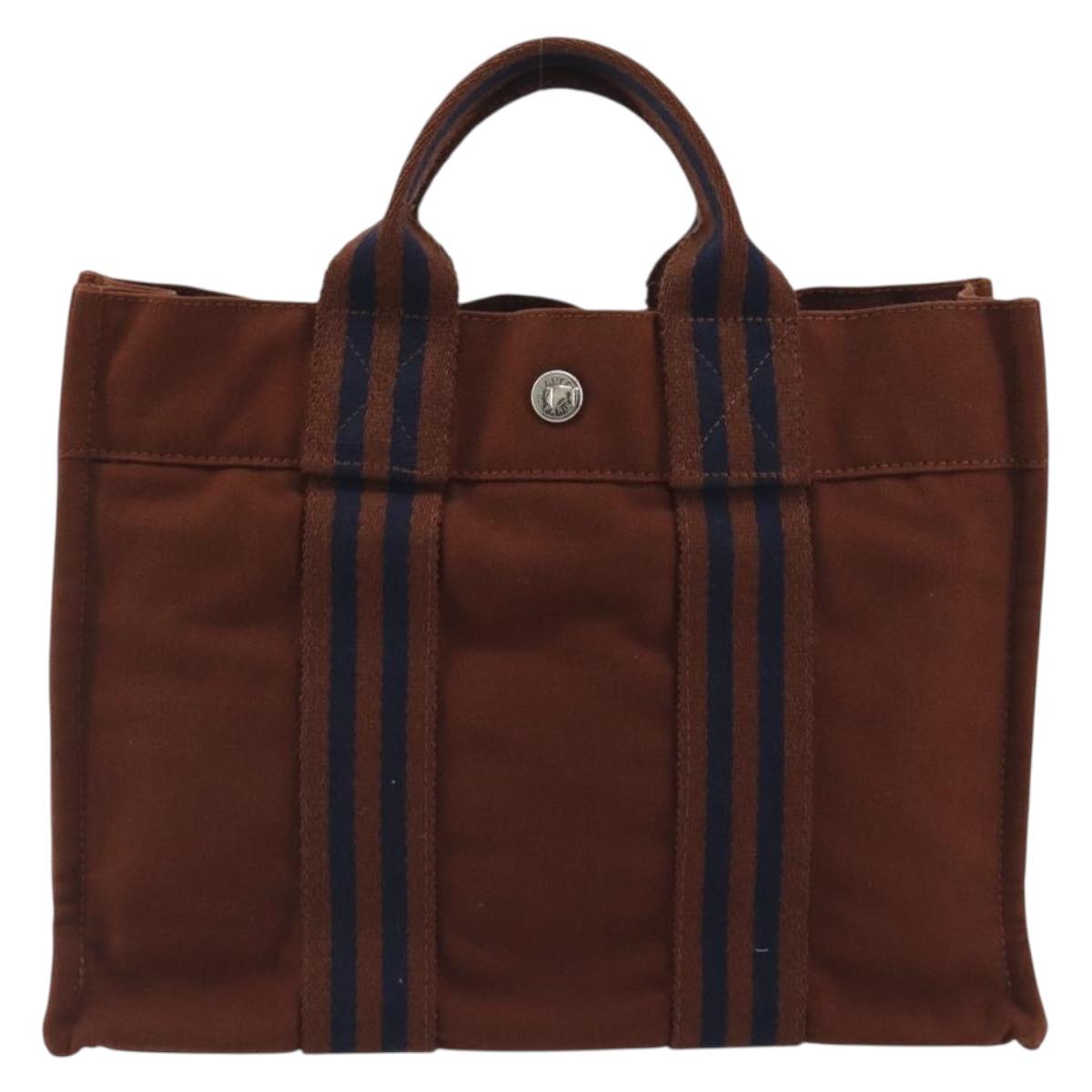 HERMES Fourre Tout PM Hand Bag Canvas Brown Silver Auth 195979A