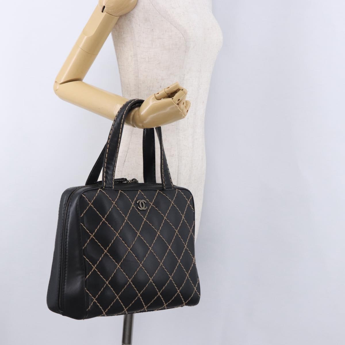 CHANEL Wild Stitch Hand Bag Leather Black CC Auth 195982V