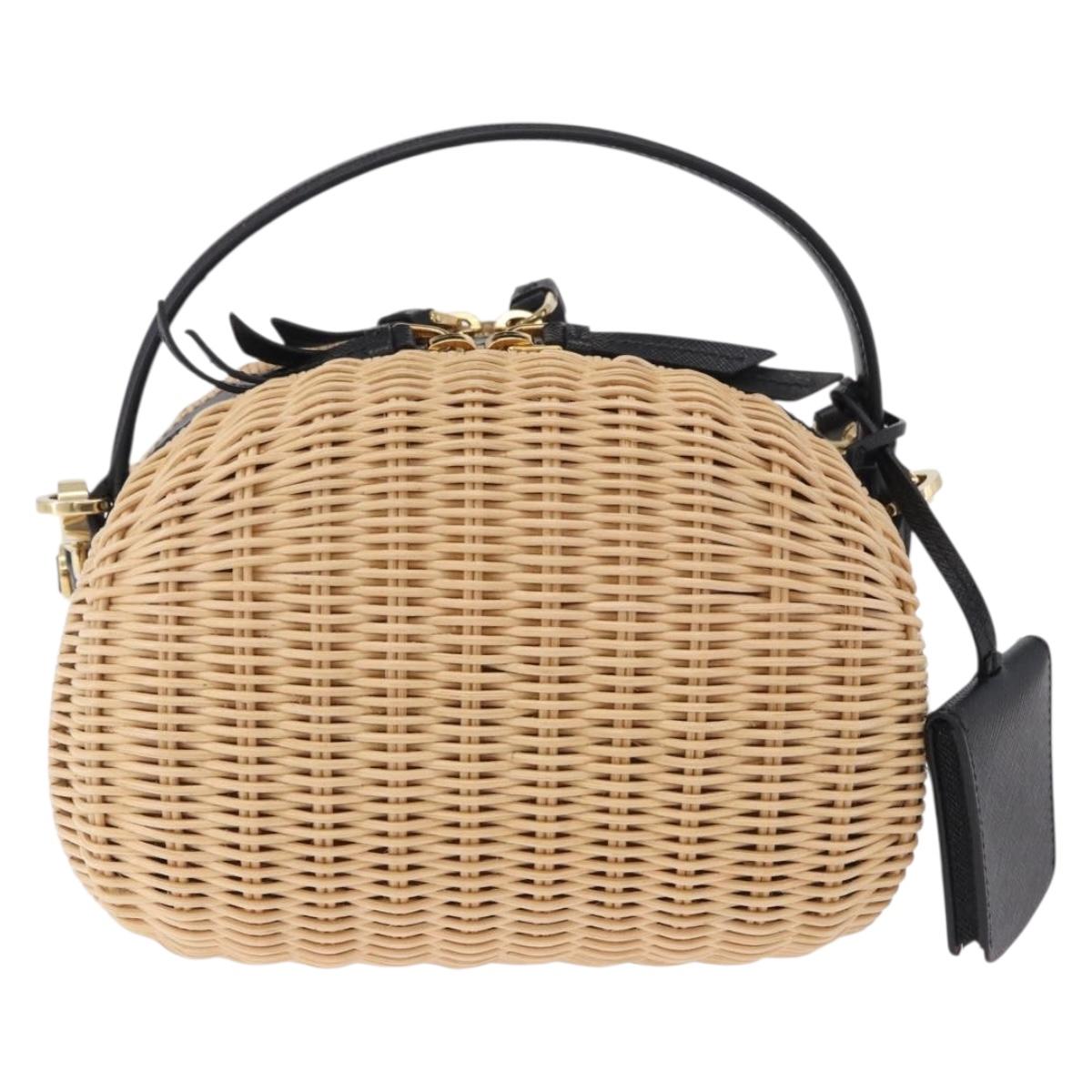 PRADA Hand Bag Rattan 2way Beige Gold Auth 196009SAM
