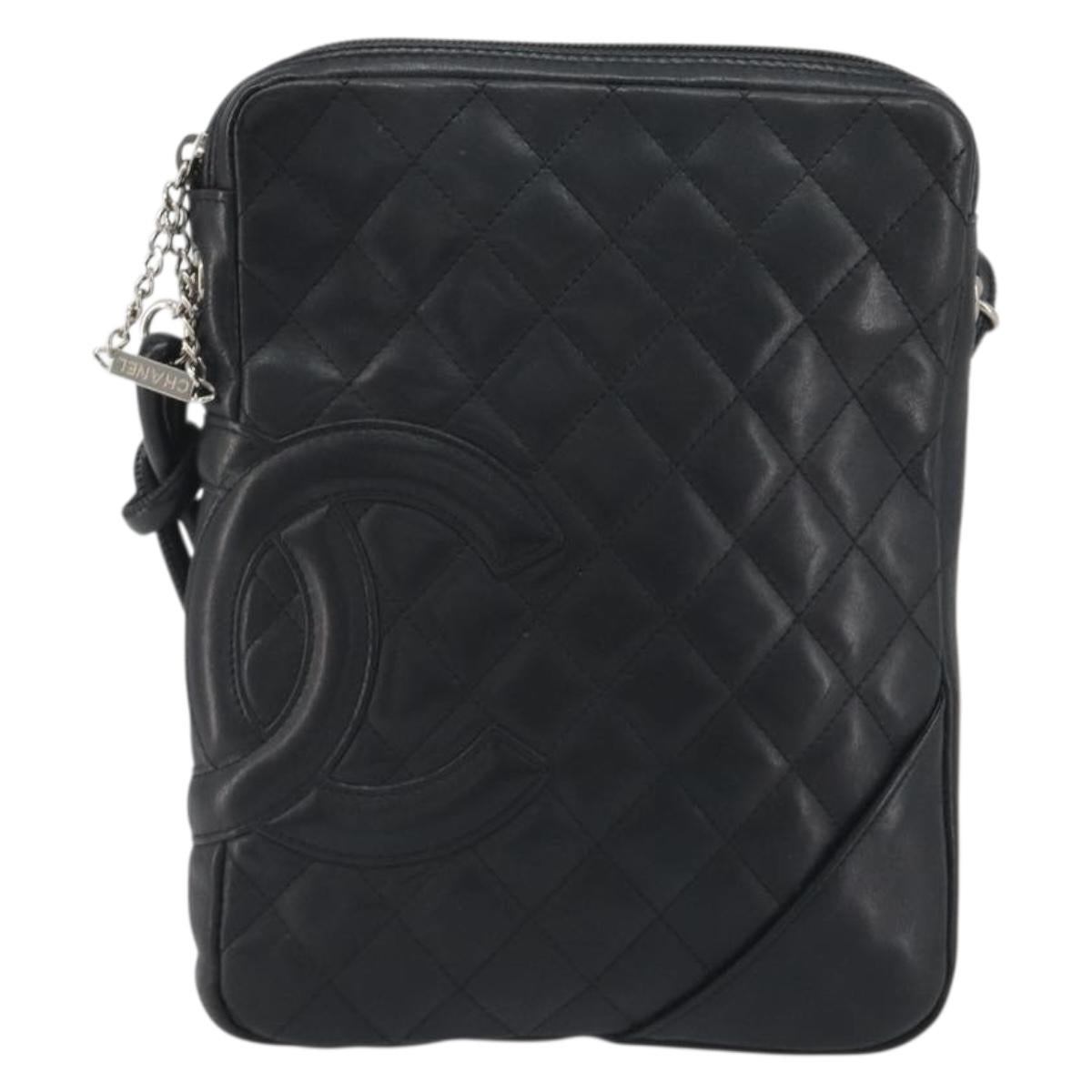 CHANEL Cambon Line Matelasse Shoulder Bag Leather Black Silver CC Auth 196024A