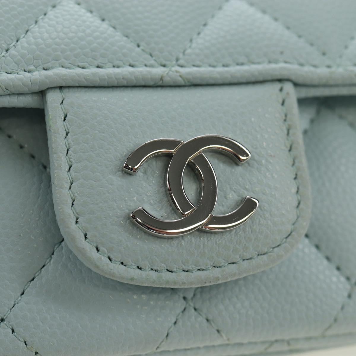 CHANEL Matelasse Chain Glasses Case Caviar Skin Light Blue CC Auth 196041M