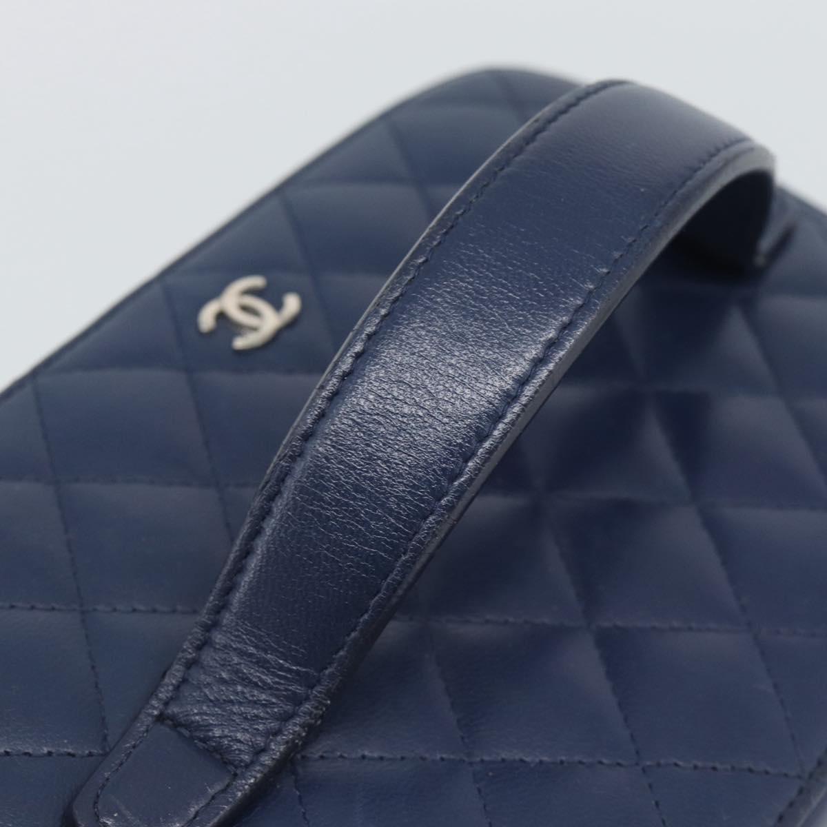 CHANEL Matelasse Vanity Cosmetic Pouch Lamb Skin Navy Silver CC Auth 196046A