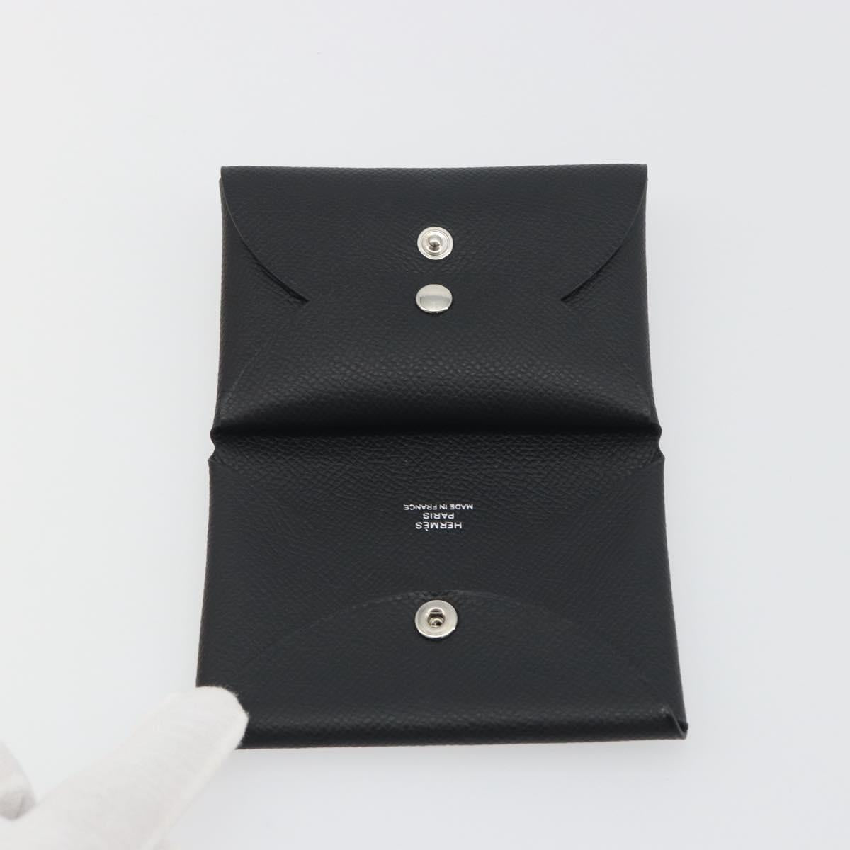 HERMES Calvi Duo Coin Purse Leather Black Silver Auth 196067V