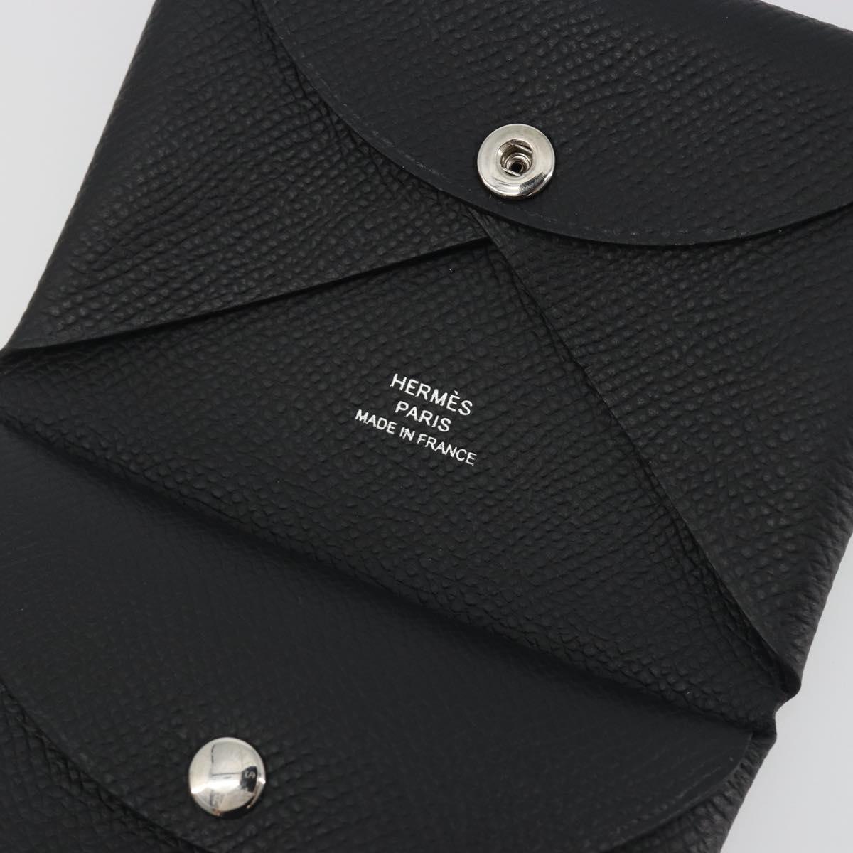 HERMES Calvi Duo Coin Purse Leather Black Silver Auth 196067V