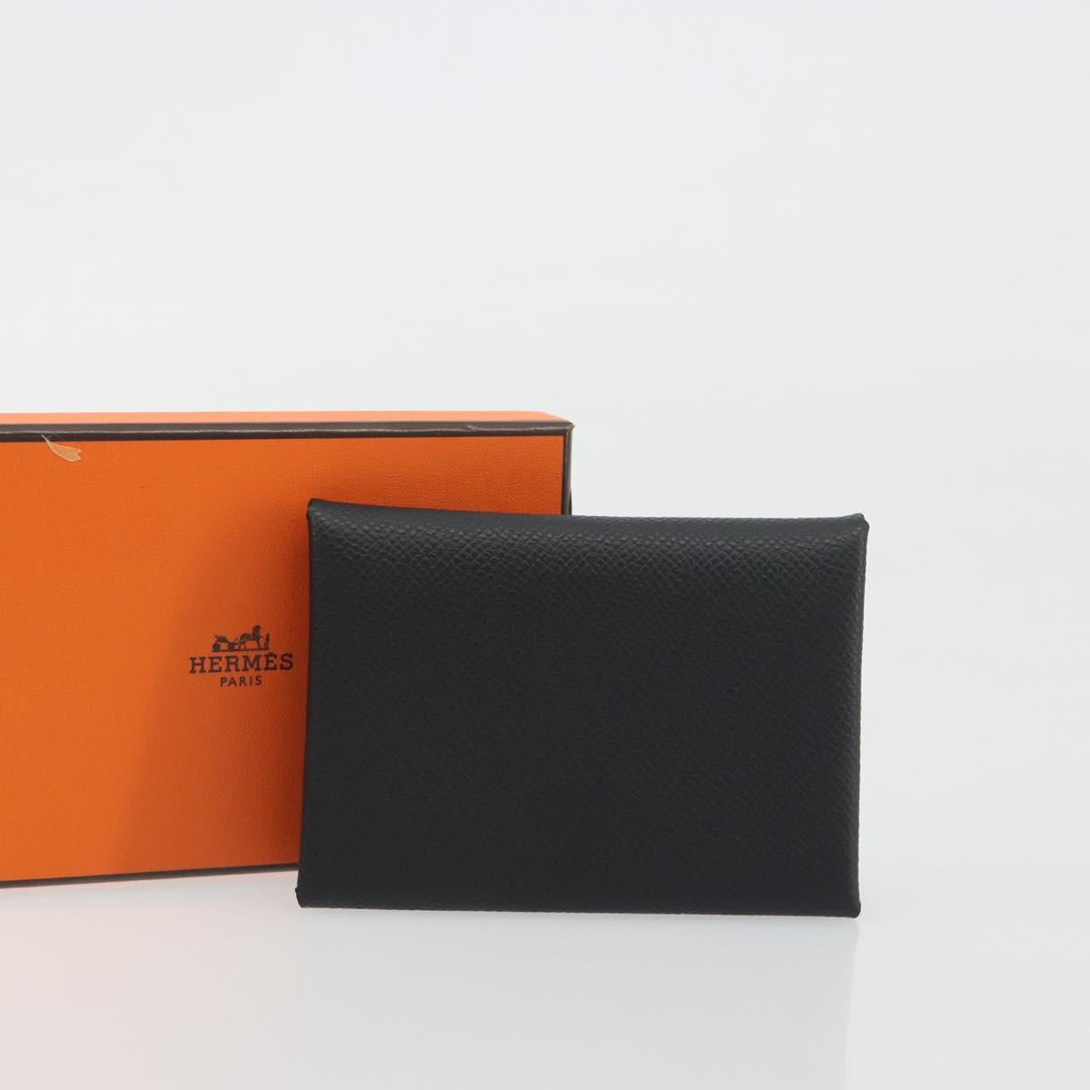 HERMES Calvi Duo Coin Purse Leather Black Silver Auth 196067V