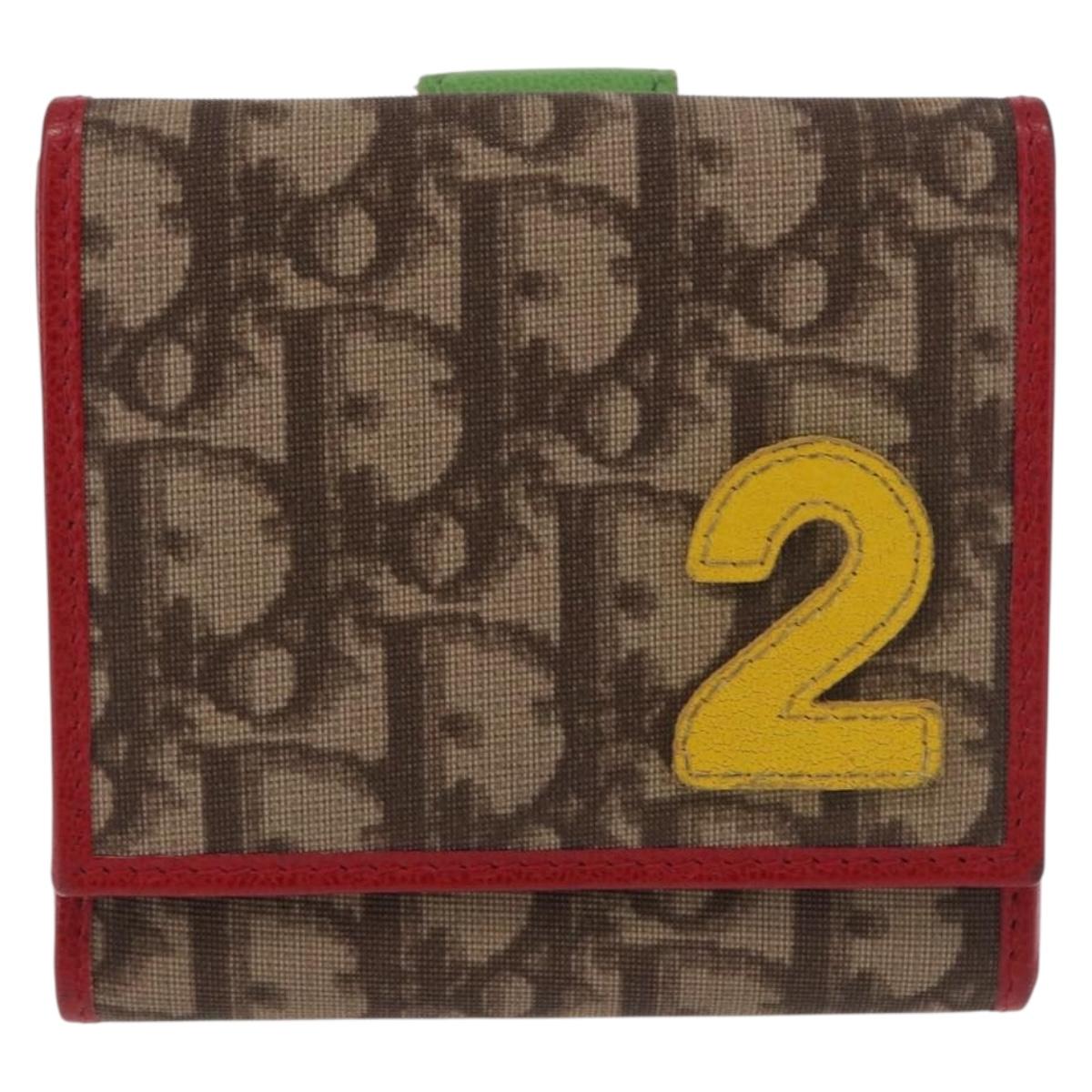 Christian Dior Trotter Canvas Compact Wallet PVC Beige Silver Auth 196069V