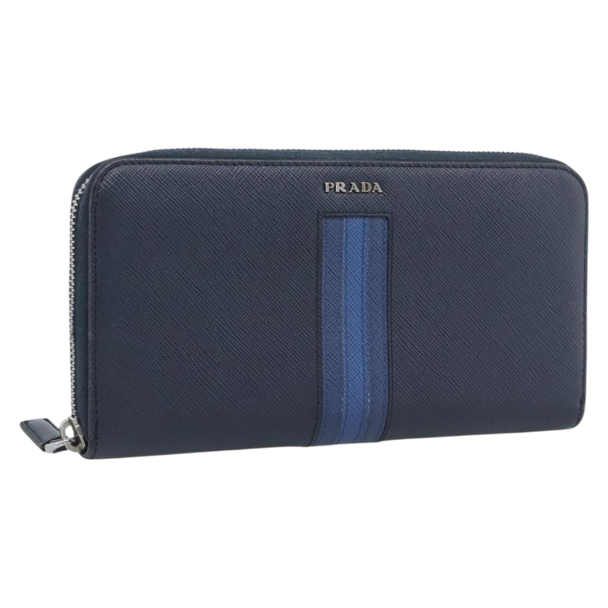 PRADA Long Wallet Safifano leather Navy Silver Auth 196073A