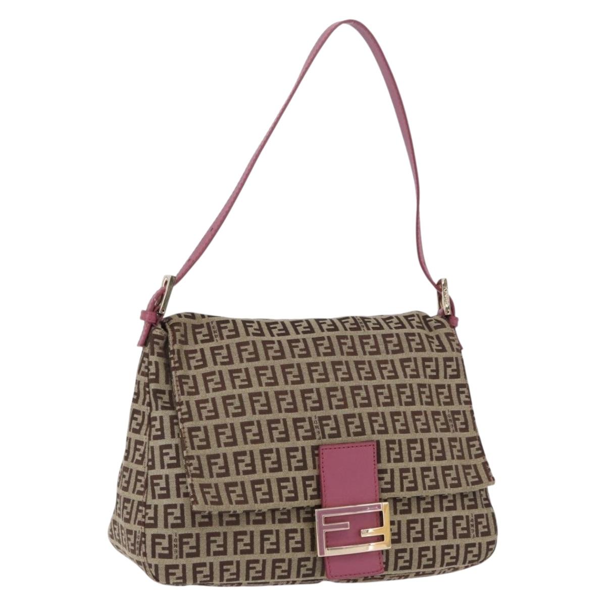 FENDI Zucchino Canvas Mamma Baguette Shoulder Bag Beige Gold Auth 196078V