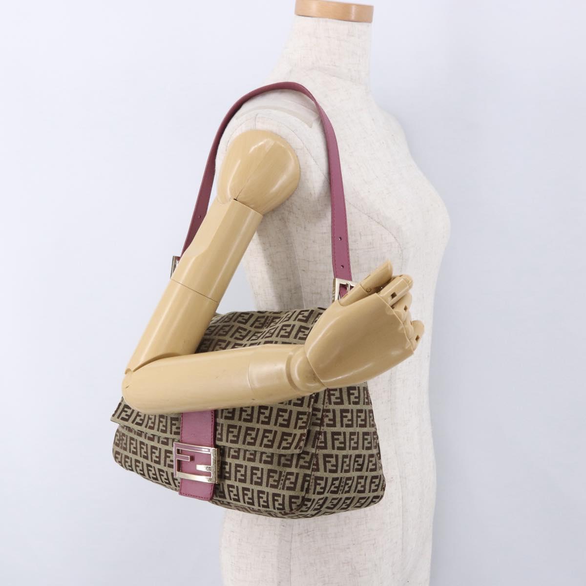 FENDI Zucchino Canvas Mamma Baguette Shoulder Bag Beige Gold Auth 196078V