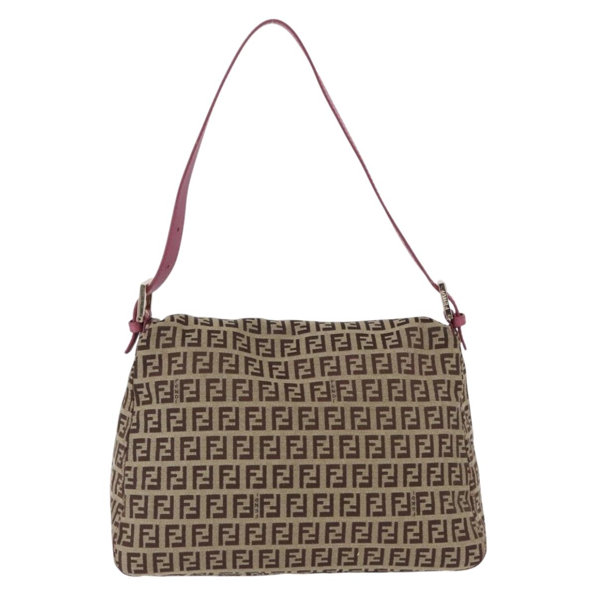 FENDI Zucchino Canvas Mamma Baguette Shoulder Bag Beige Gold Auth 196078V