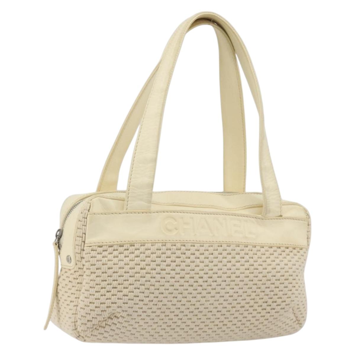 CHANEL Hand Bag Canvas Beige Silver CC Auth 196080