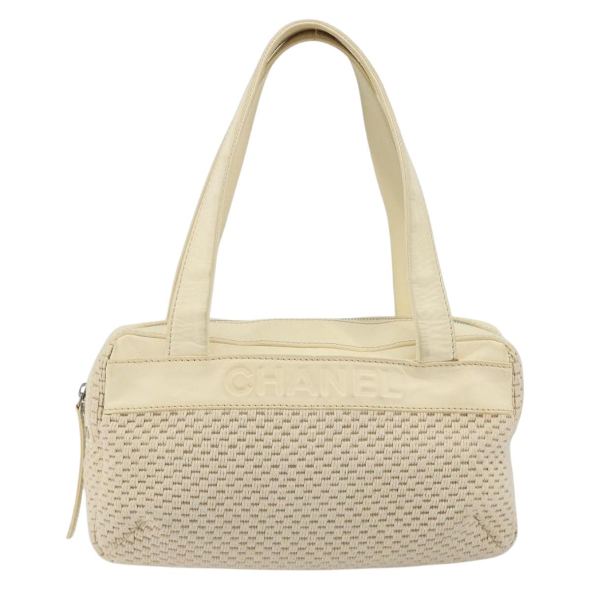 CHANEL Hand Bag Canvas Beige Silver CC Auth 196080