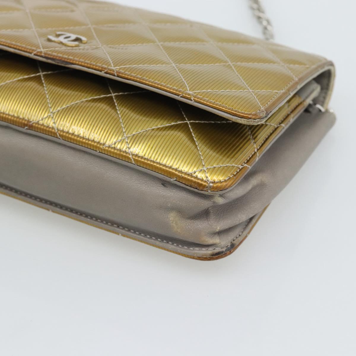 CHANEL Matelasse Chain Shoulder Wallet Patent Gold Silver CC Auth 196109