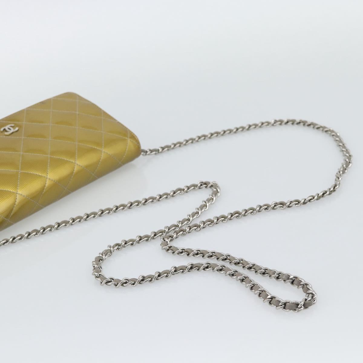 CHANEL Matelasse Chain Shoulder Wallet Patent Gold Silver CC Auth 196109