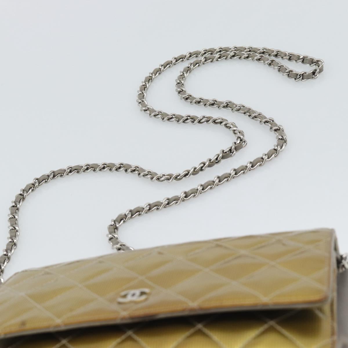 CHANEL Matelasse Chain Shoulder Wallet Patent Gold Silver CC Auth 196109