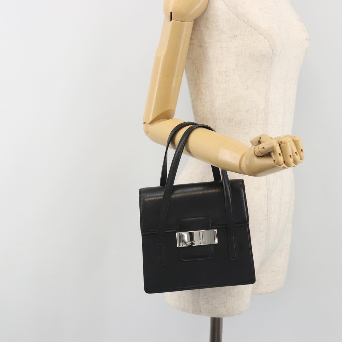 BURBERRY Hand Bag Leather Black Silver Auth 196118