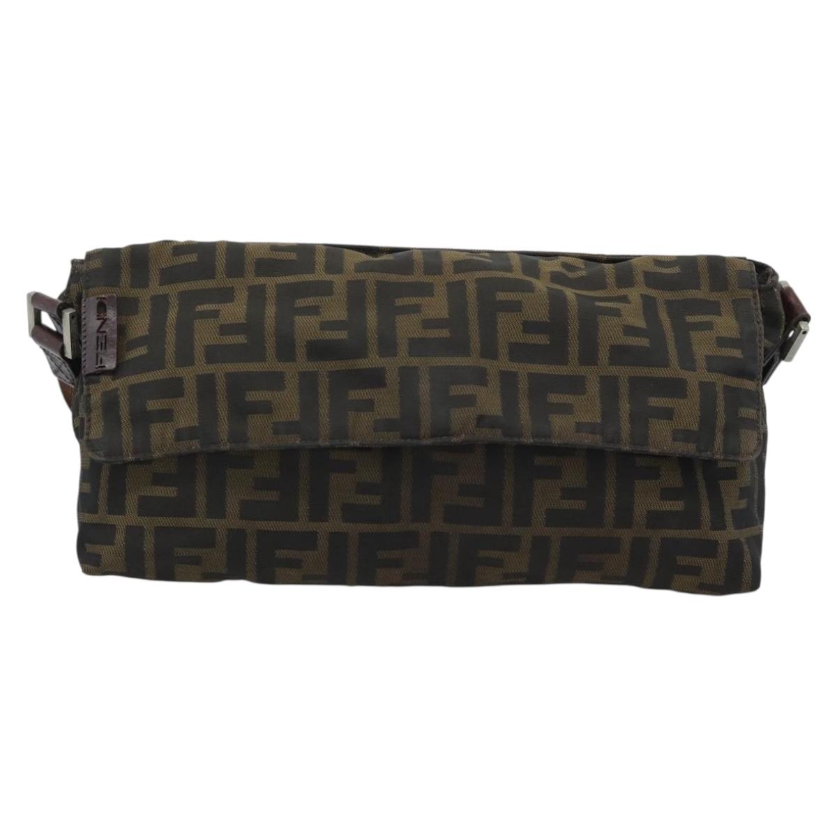 FENDI Zucca Canvas Shoulder Bag Brown Silver Auth 196126