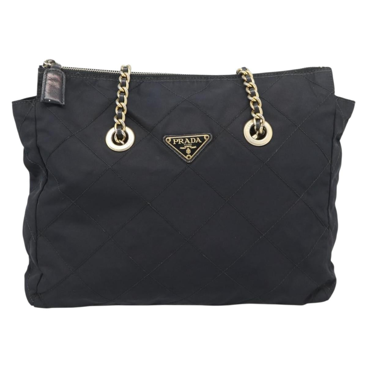 PRADA Chain Shoulder Bag Nylon Black Gold Tone Auth 196142A