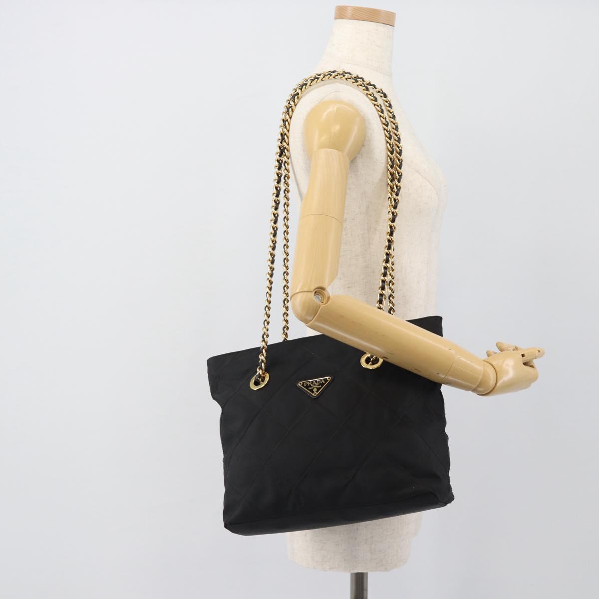 PRADA Chain Shoulder Bag Nylon Black Gold Tone Auth 196148A