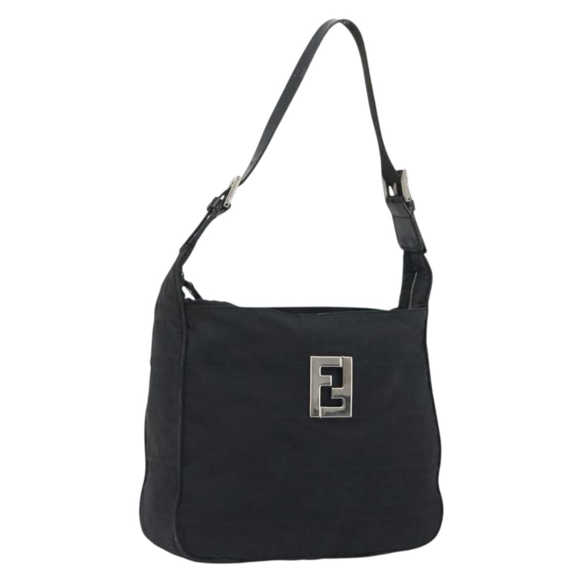 FENDI Zucca Canvas Shoulder Bag Black Silver Auth 196150