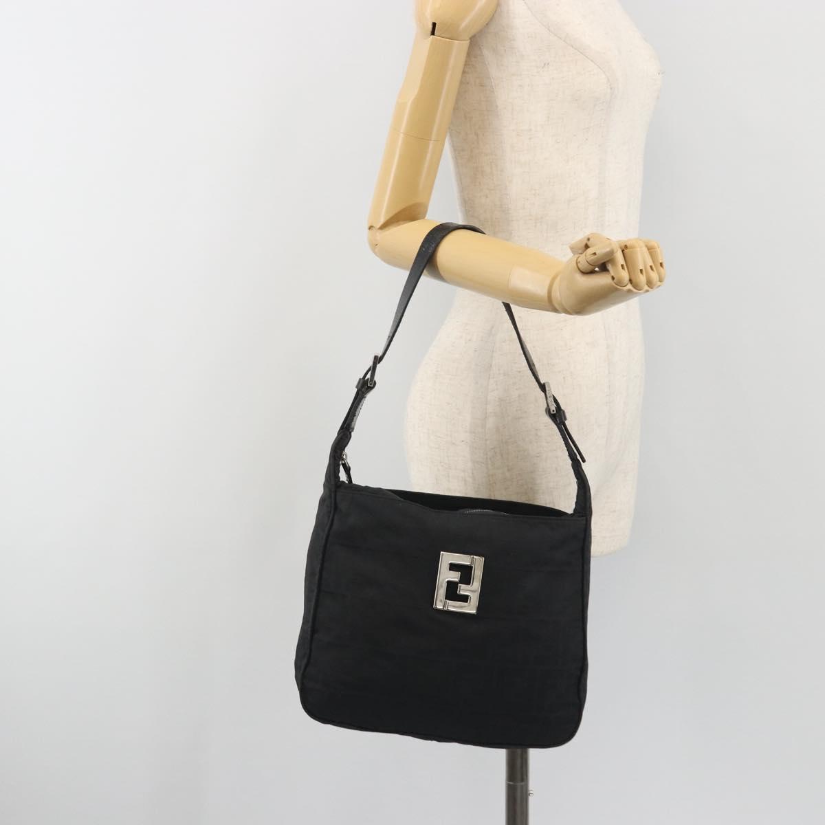 FENDI Zucca Canvas Shoulder Bag Black Silver Auth 196150