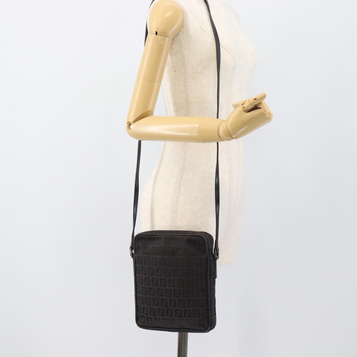 FENDI Zucchino Canvas Shoulder Bag Black Silver 8BT053 Auth 196151