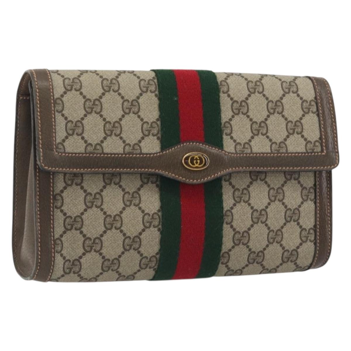 GUCCI GG Supreme Web Sherry Line Clutch Bag PVC Beige Gold 83.01.006 Auth 196154