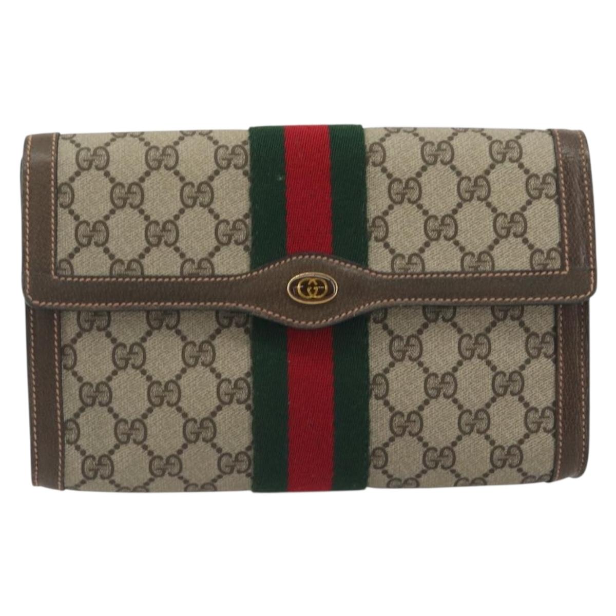GUCCI GG Supreme Web Sherry Line Clutch Bag PVC Beige Gold 83.01.006 Auth 196154
