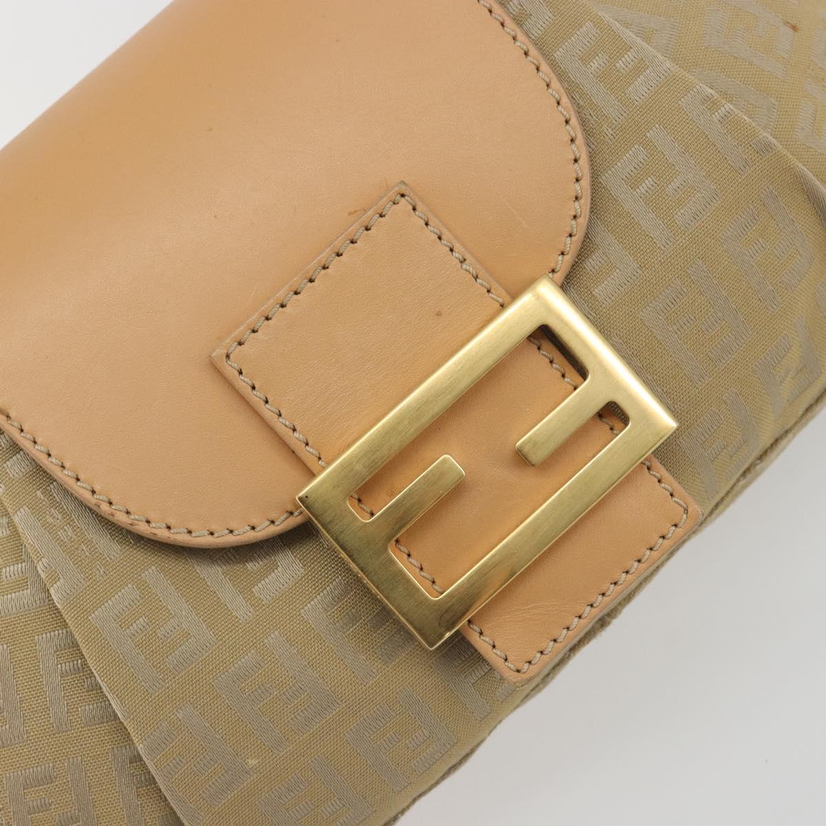FENDI Zucchino Canvas Mamma Baguette Shoulder Bag Beige Gold Auth 196156V