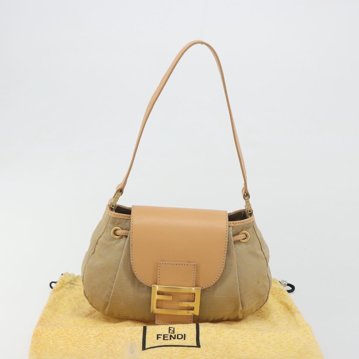 FENDI Zucchino Canvas Mamma Baguette Shoulder Bag Beige Gold Auth 196156V