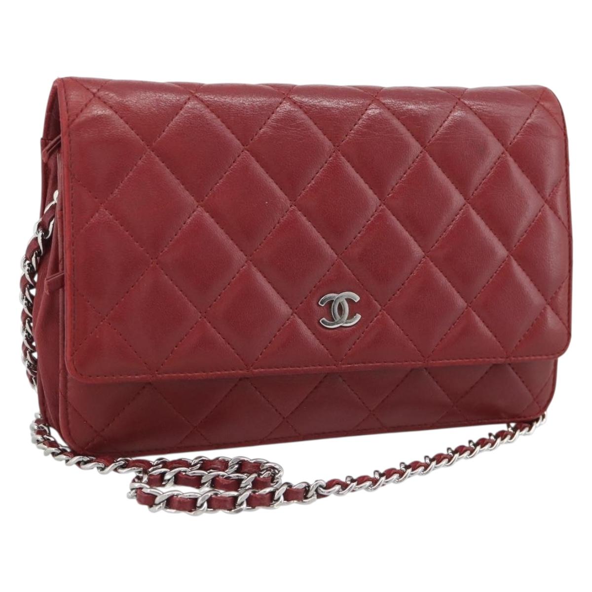CHANEL Matelasse Chain Shoulder Wallet Lamb Skin Red Silver CC Auth 196157A