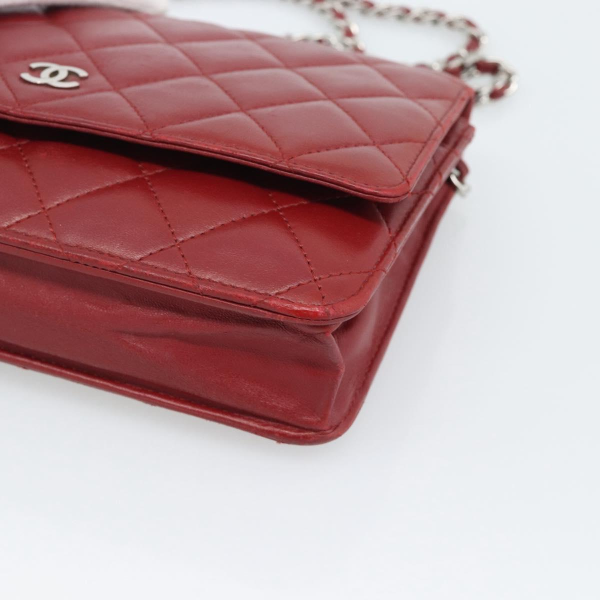 CHANEL Matelasse Chain Shoulder Wallet Lamb Skin Red Silver CC Auth 196157A