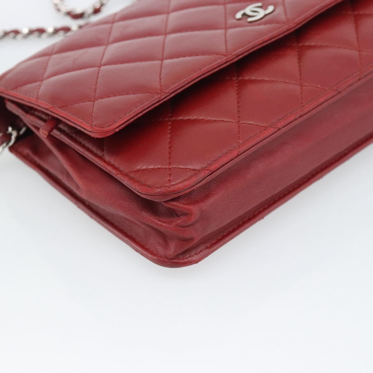 CHANEL Matelasse Chain Shoulder Wallet Lamb Skin Red Silver CC Auth 196157A