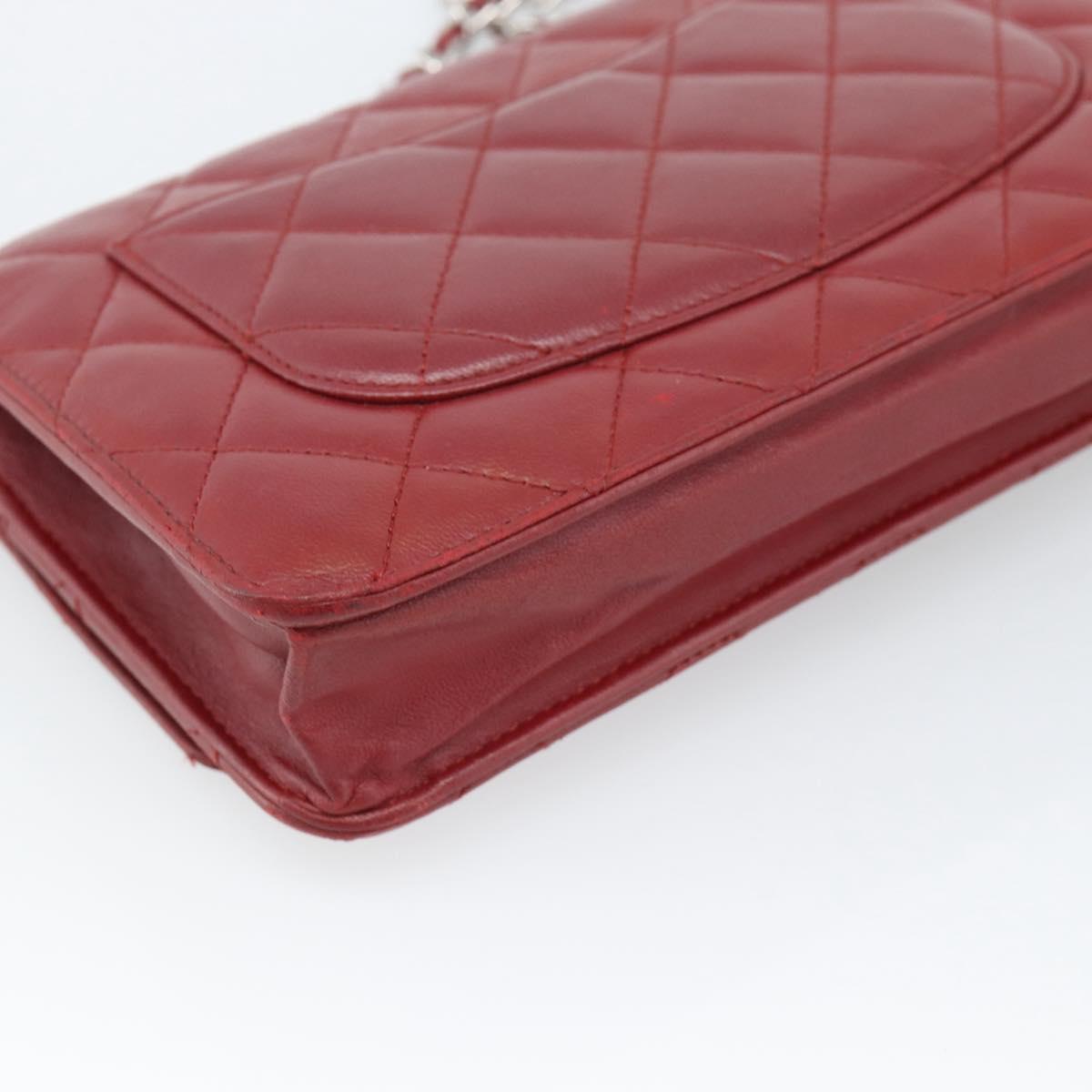 CHANEL Matelasse Chain Shoulder Wallet Lamb Skin Red Silver CC Auth 196157A