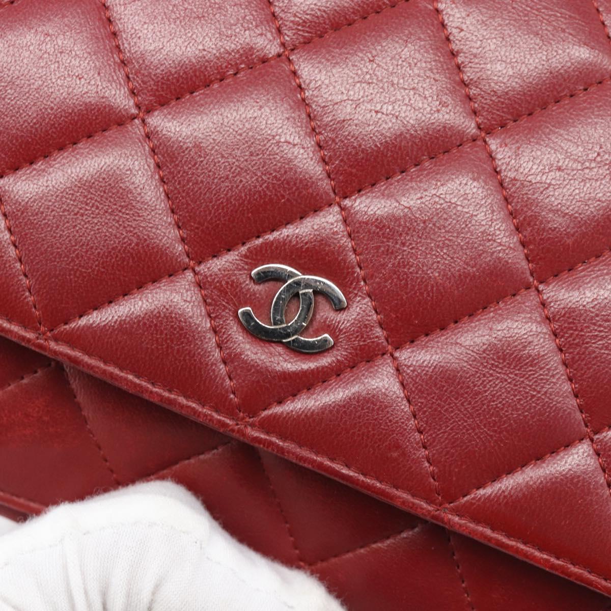 CHANEL Matelasse Chain Shoulder Wallet Lamb Skin Red Silver CC Auth 196157A