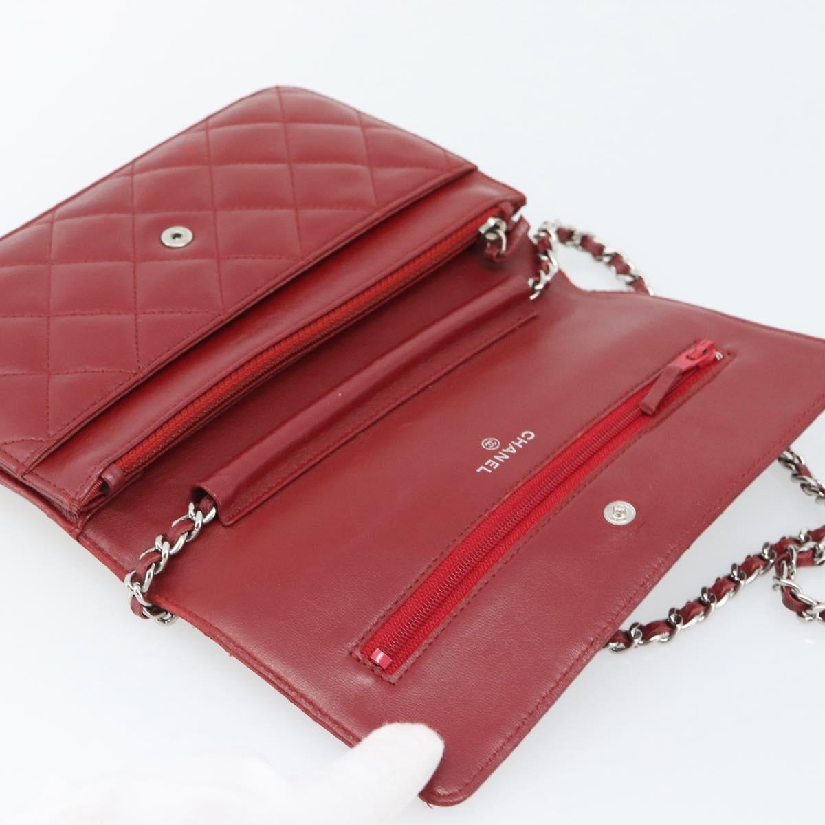 CHANEL Matelasse Chain Shoulder Wallet Lamb Skin Red Silver CC Auth 196157A
