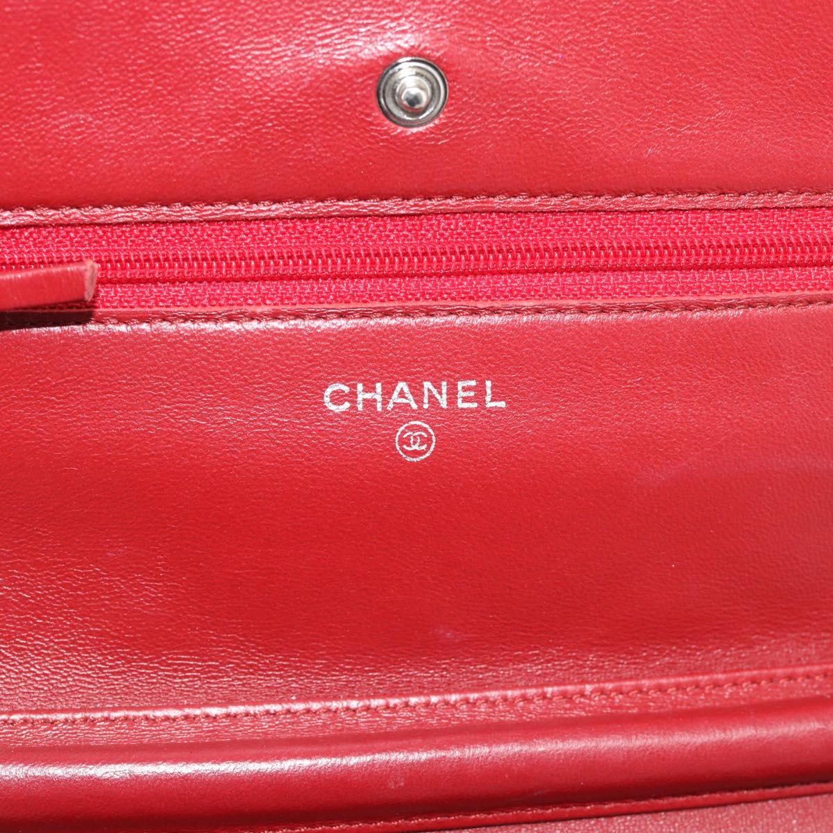 CHANEL Matelasse Chain Shoulder Wallet Lamb Skin Red Silver CC Auth 196157A