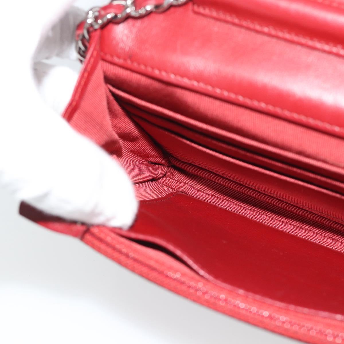 CHANEL Matelasse Chain Shoulder Wallet Lamb Skin Red Silver CC Auth 196157A