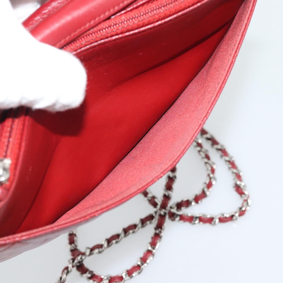 CHANEL Matelasse Chain Shoulder Wallet Lamb Skin Red Silver CC Auth 196157A