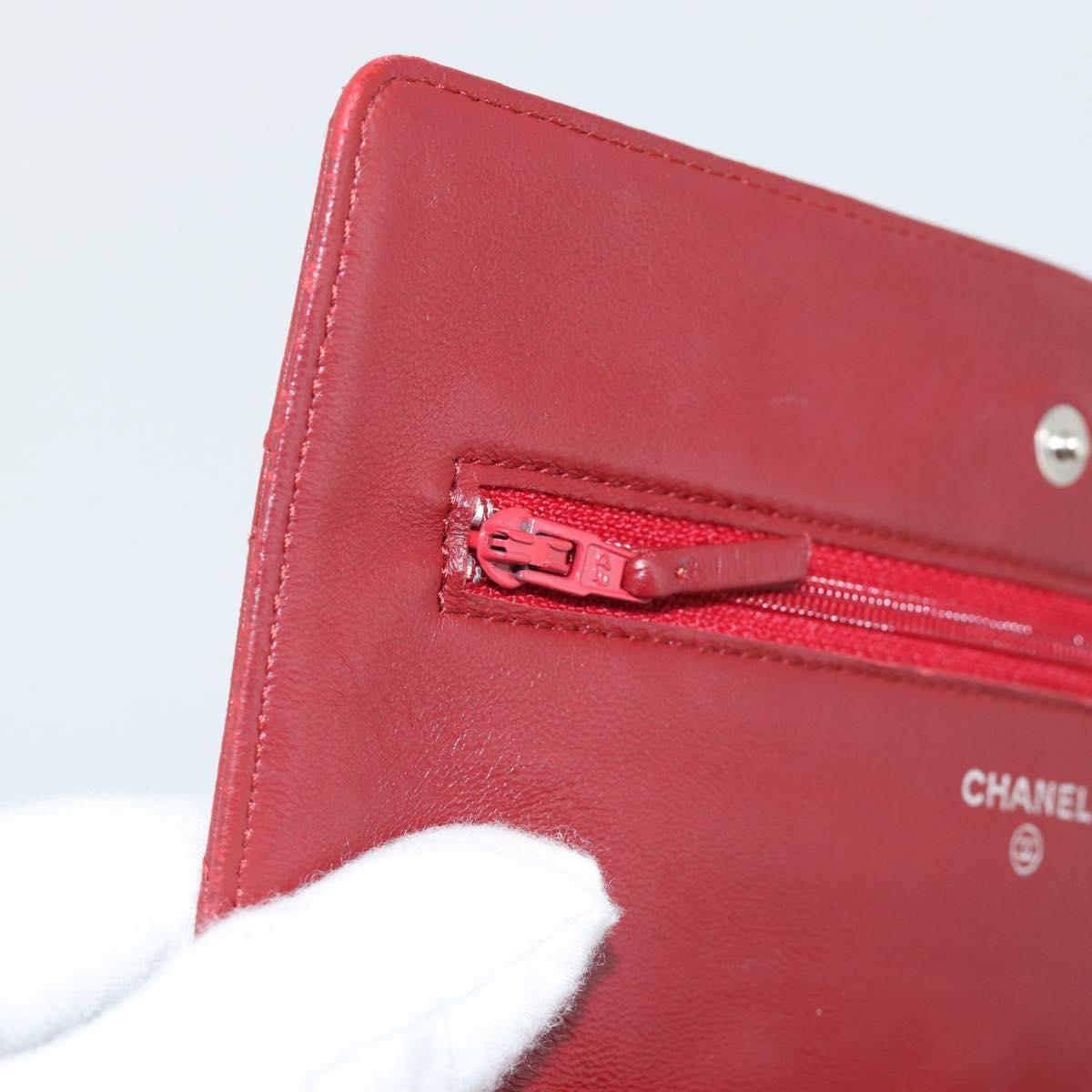 CHANEL Matelasse Chain Shoulder Wallet Lamb Skin Red Silver CC Auth 196157A