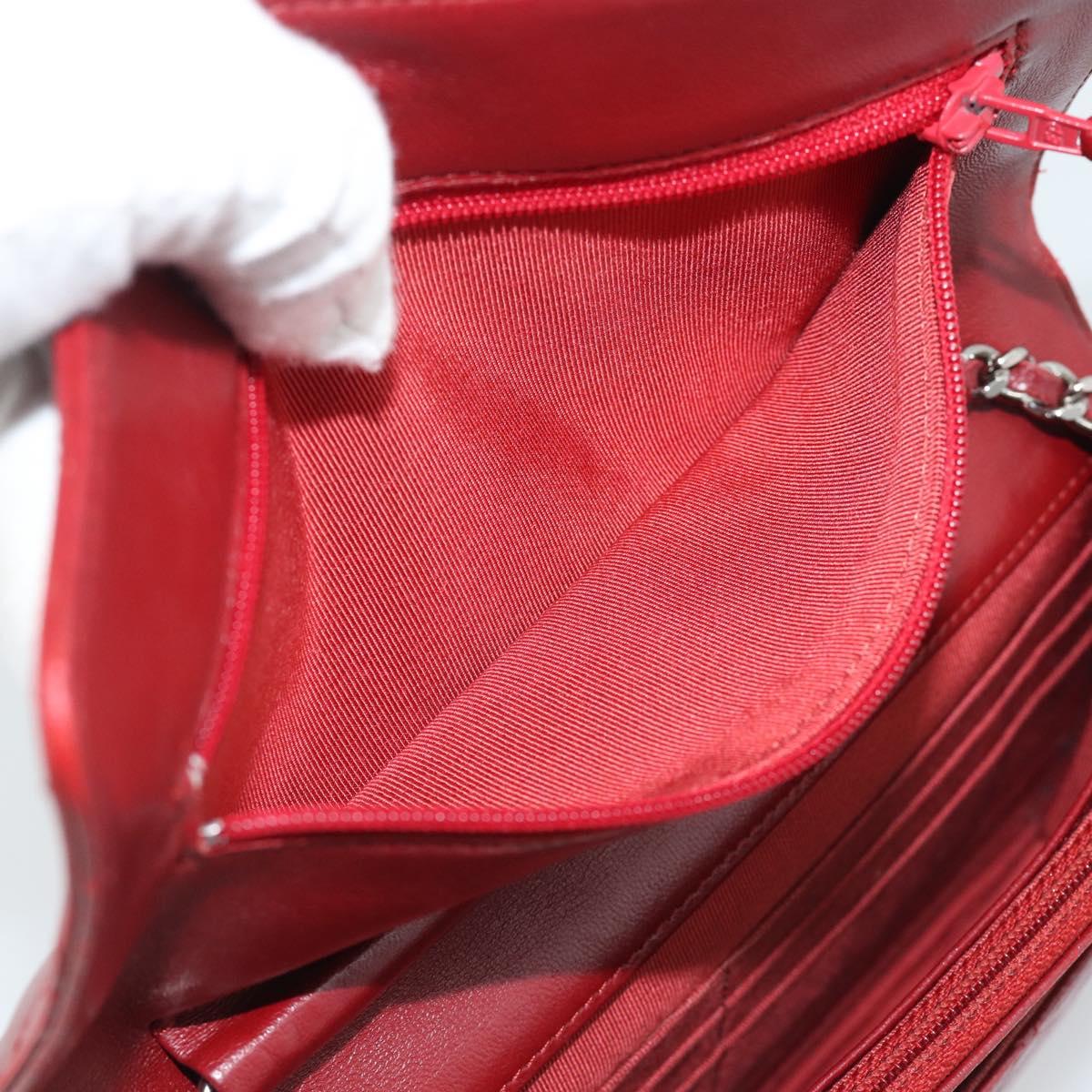 CHANEL Matelasse Chain Shoulder Wallet Lamb Skin Red Silver CC Auth 196157A