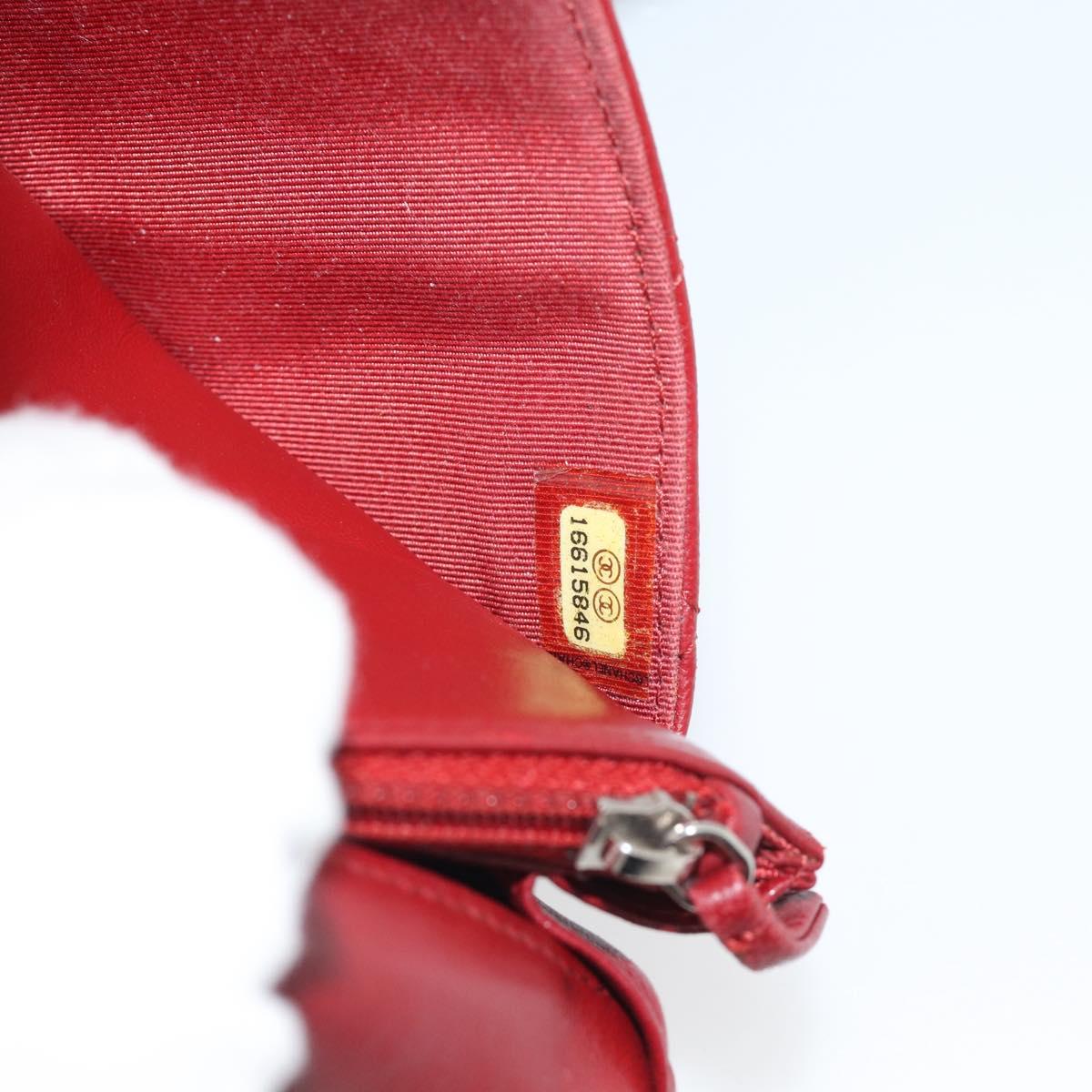CHANEL Matelasse Chain Shoulder Wallet Lamb Skin Red Silver CC Auth 196157A
