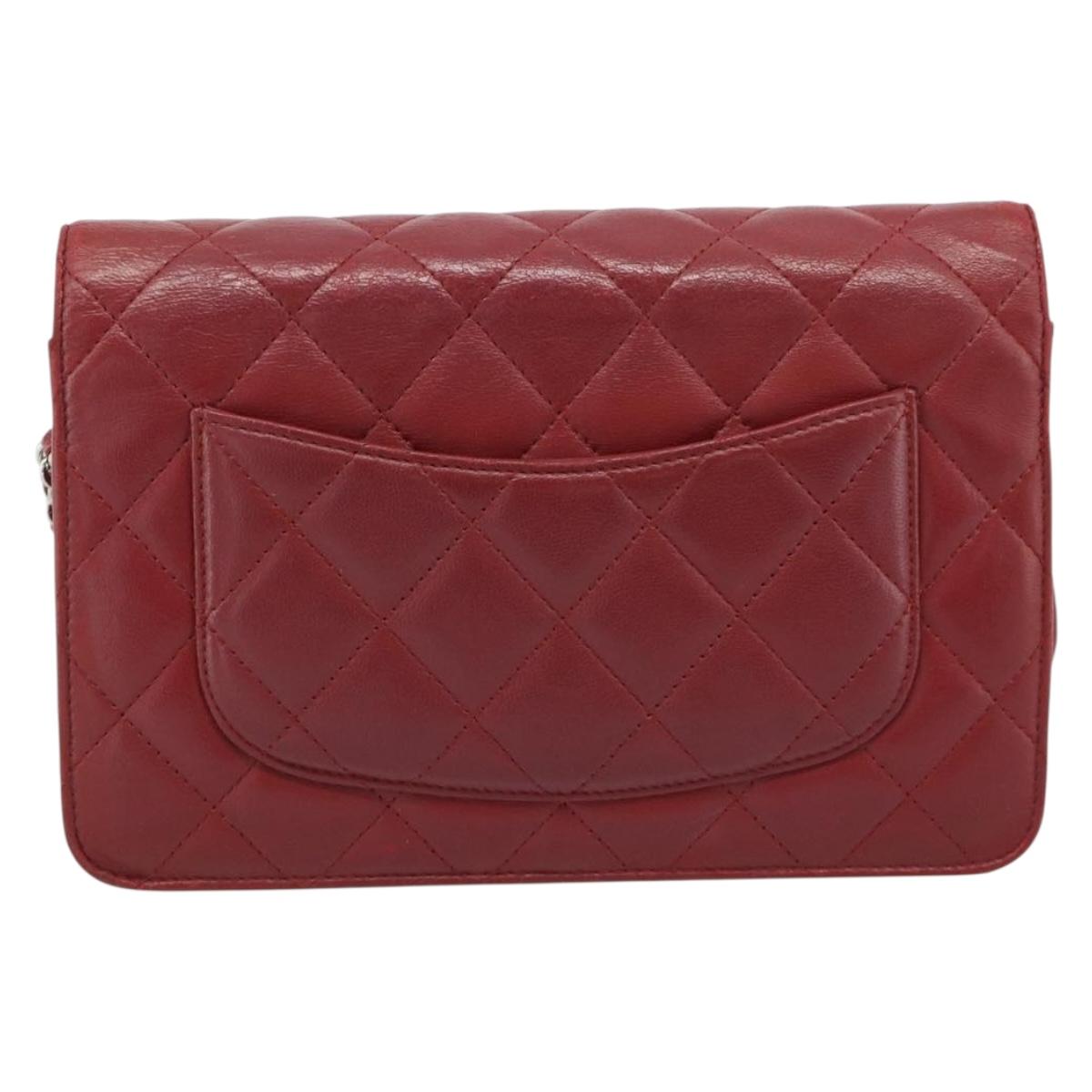 CHANEL Matelasse Chain Shoulder Wallet Lamb Skin Red Silver CC Auth 196157A