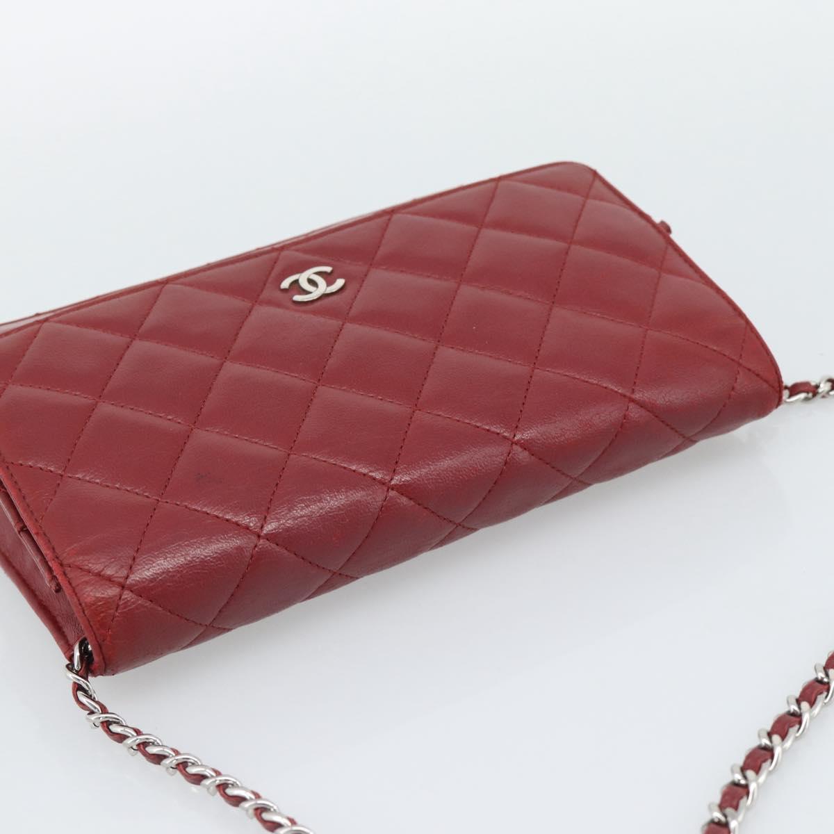 CHANEL Matelasse Chain Shoulder Wallet Lamb Skin Red Silver CC Auth 196157A