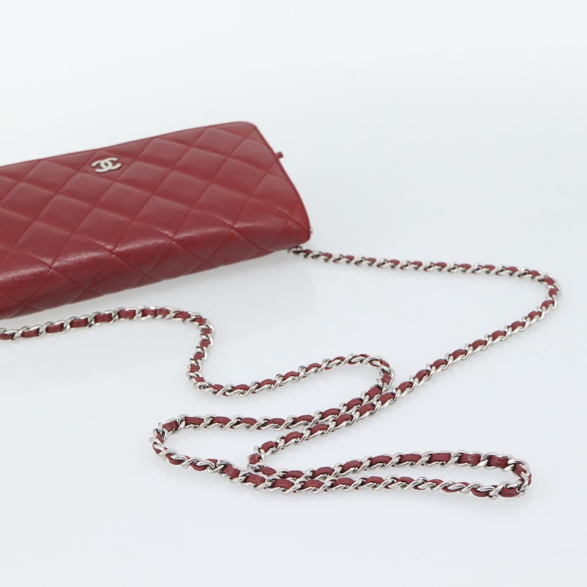 CHANEL Matelasse Chain Shoulder Wallet Lamb Skin Red Silver CC Auth 196157A