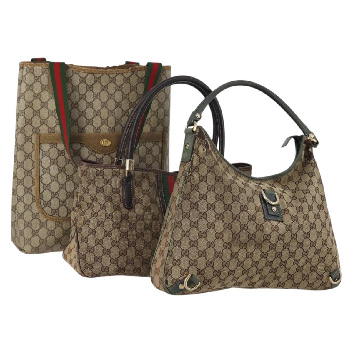 GUCCI GG Canvas GG Supreme Web Sherry Line Hand Bag PVC 3 Set Beige Auth 196165