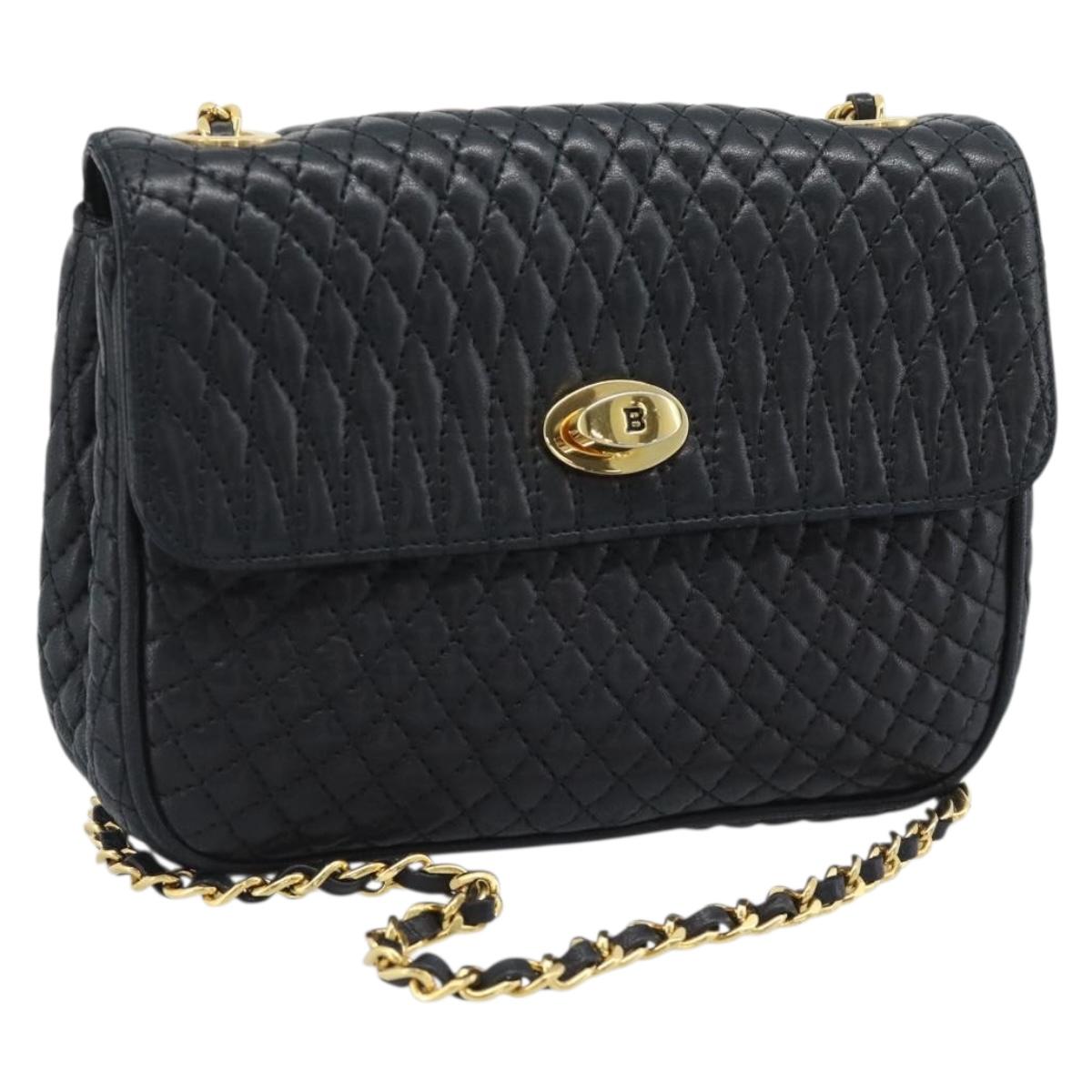 BALLY Chain Shoulder Bag Leather Black Gold Tone Auth 196184