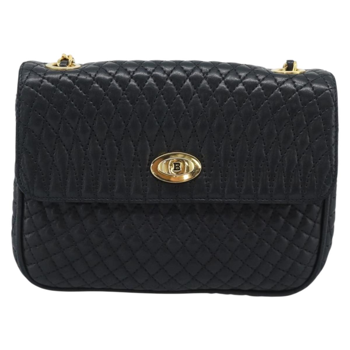 BALLY Chain Shoulder Bag Leather Black Gold Tone Auth 196184